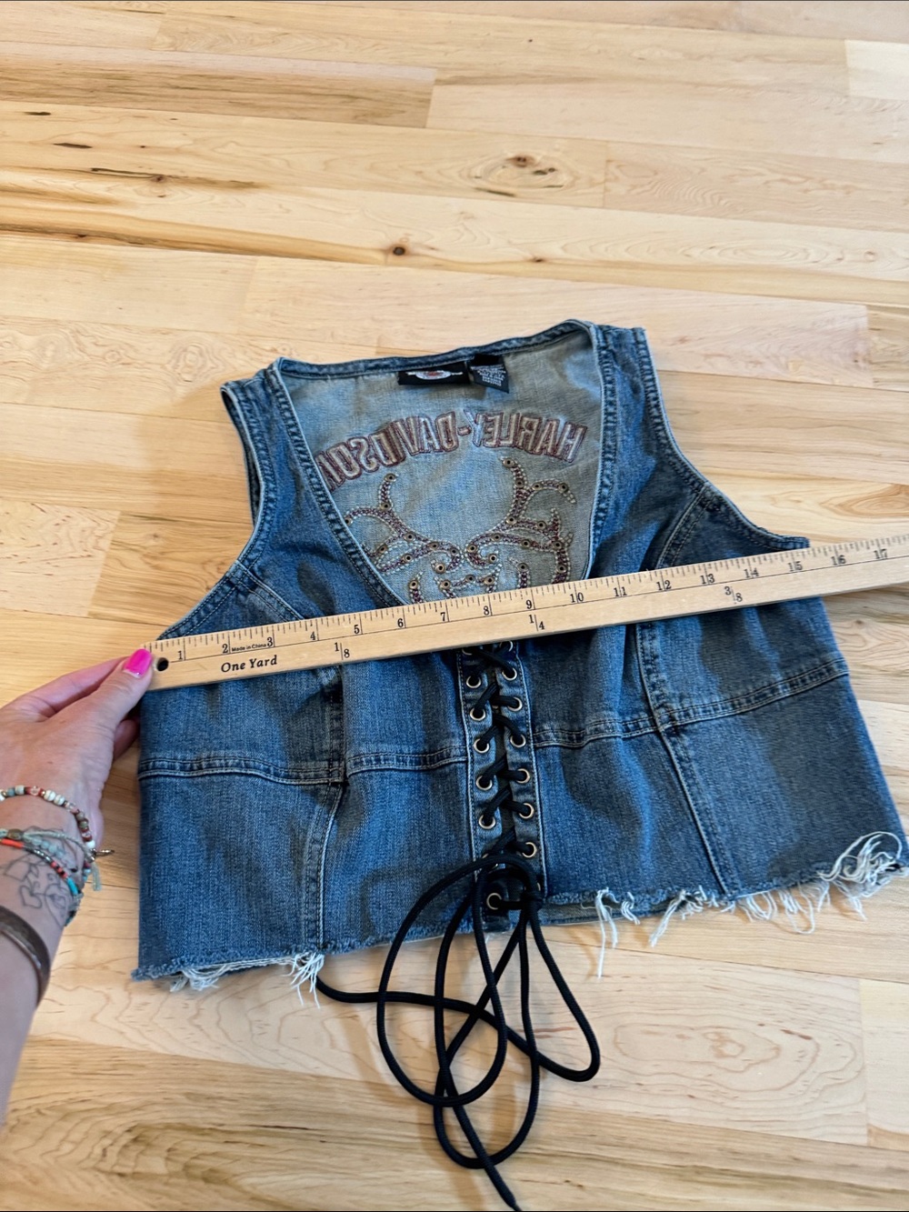 Harley-Davidson Embroidered Studded Corset Lace Up denim vest-Y2K - Picture 5 of 6
